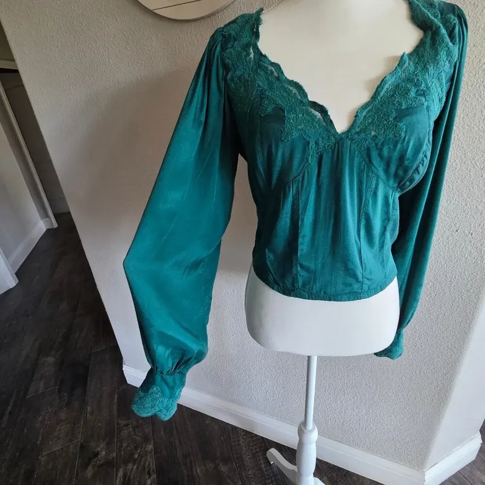 #498 Free People Teal Knit Top with Lace Detail